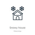 Snowy house icon. Thin linear snowy house outline icon isolated on white background from meteorology collection. Line vector sign Royalty Free Stock Photo