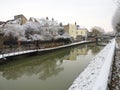 Snowy houses on the towpath of the Briare canal in Montargis