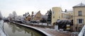 Snowy houses on the towpath of the Briare canal in Montargis