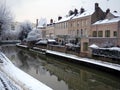 Snowy houses on the towpath of the Briare canal in Montargis