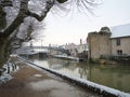 Snowy houses on the towpath of the Briare canal in Montargis