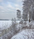 Snowy January morning in Nevsky forest Park. The Bank of the riv
