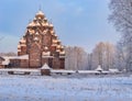 Snowy January morning in Nevsky forest Park. St. Basil`s Cathedr