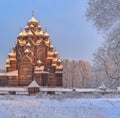 Snowy January morning in Nevsky forest Park. St. Basil`s Cathedr