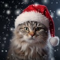 Snowy kitty feline furry cat wear Santa claus hat