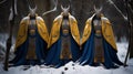 Snowy Knights: A Dark Indigo And Yellow Robed Trio