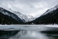 Snowy lake in winter in Austrian mountains.