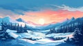 Snowy Landscape Abstract Background With Colorful Drawings