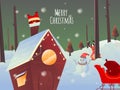 Snowy Landscape Background with Santa Claus Stuck on Chimney House, Sleigh, Cartoon Snowman and Reindeer for Merry Royalty Free Stock Photo