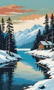 Snowy Landscape: A Canvas Featuring a Frosty Lake in the Foreground