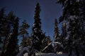 Snowy landscape and clear sky with stars at night