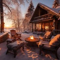 A snowy landscape with a cozy cabin in the background