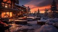 A snowy landscape with a cozy cabin in the background.