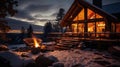 A snowy landscape with a cozy cabin and a warm fireplace crackling in the hearth.