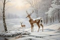 winter wildlife landscape with noble deers Royalty Free Stock Photo
