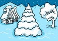 Snowy landscape fairy tale houses village tree new year cartoon illustration