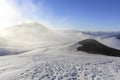 Snowy landscape at Fimmvoerduhals hiking trail in the very early morning