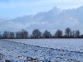 Snowy landscape in Germany in Grevenbroich with agriculture fields and a row of trees