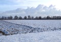 Snowy landscape in Germany in Grevenbroich with agriculture fields and a row of trees