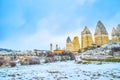 Snowy landscape of Goreme valley, Cappadocia, Turkey Royalty Free Stock Photo