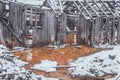 A snowy landscape with an old copper mine in central Norway. Cristianus Sextus mine area in first snow.