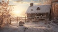 Snowy Landscape With Red Mice Snow Cabin