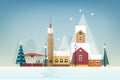 Snowy landscape with small mountain town. City street with beautiful antique towers and houses decorated for New Year or
