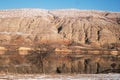 Snowy landscape from the train window. View from the window of the Eastern Express. Royalty Free Stock Photo