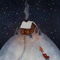 Snowy landscape with trees and a house on top of the mountain. Fox illustration