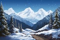 Snowy landscape, trees, and mountains form a breathtaking vista