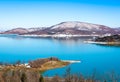 Snowy landscapes. The Lake Plastira on winter. Greece.