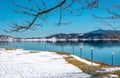 Snowy landscapes. The Lake Plastira on winter. Greece.