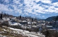 Snowy landscapes. Village in Lake Plastira on winter. Greece