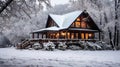 Snowy log cabin cozy winter Royalty Free Stock Photo
