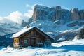 Snowy Log Cabin in Mountain Landscape. Royalty Free Stock Photo