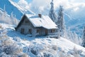 Snowy Log Cabin in Mountain Landscape. Royalty Free Stock Photo