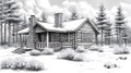 Snowy log cabin winter forest design illustration Royalty Free Stock Photo