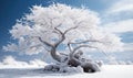 Snowy lonely trees on winter landscape