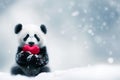 Snowy Love: Cute Panda Hugging a Red Heart in Winter Wonderland. Generative ai Royalty Free Stock Photo