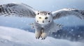 Snowy Majesty: Graceful Flight of a Winter\'s Enchanting Owl