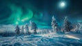 A snowy meadow tered with delicate frostcovered trees shimmering in the moonlight and reflecting the vibrant colors of