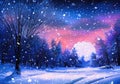 snowy midnight scene in winter