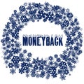 Snowy MONEYBACK text in snowflake frame.