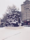 Snowy Monument of a snowy canon in front of Arsenal Metro Station - Kyiv -Ukraine