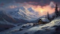 Snowy Mountain Cabin Scenery: Speedpainting Style Desktop Image Royalty Free Stock Photo