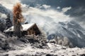 Snowy Mountain Cabin Valentine Day background Royalty Free Stock Photo