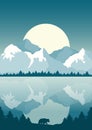 Snowy mountain hills landscape illustration poster. Forest with wildlife animals, bear silhouette. Royalty Free Stock Photo