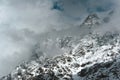 Snowy Mountain Himalayas peaks of Moon Peak, Indarhar pass, Dhauladhar Range cloudy sky