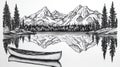 Hand-drawn Canoe on Calm Lake Reflecting Majestic Mountains and Pine Forest Royalty Free Stock Photo