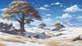 Snowy Mountain Landscape In Anime Art Style